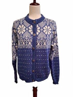 Alps Nordic Wool/Cotton Blend Cardigan in Blue & White Size Large